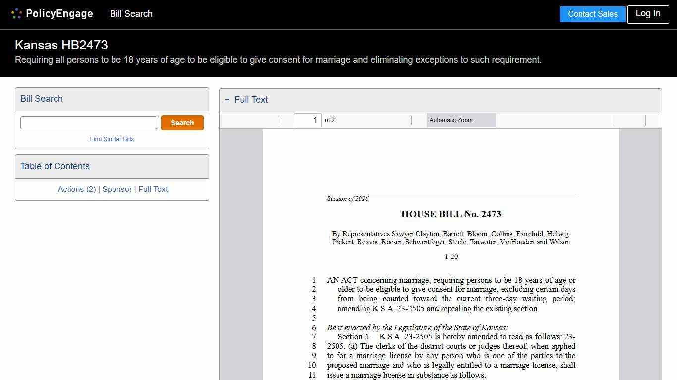 HB2473 Kansas 2025-2026 Requiring all persons to be 18 years of age to be eligible to give consent for marriage and eliminating exceptions to such requirement. - Legislative Tracking PolicyEngage